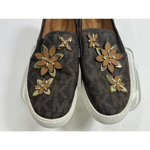 Michael Kors Womens Brown Gold Sneakers Size 6.5 3D Lola Flowers Slip On
